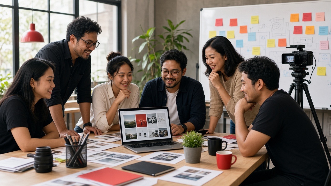 A marketing team collaborating around a table with a laptop, prints, and a video camera