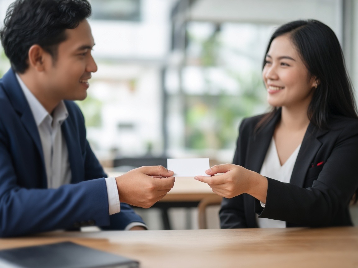 Two professionals exchanging a business card across a table